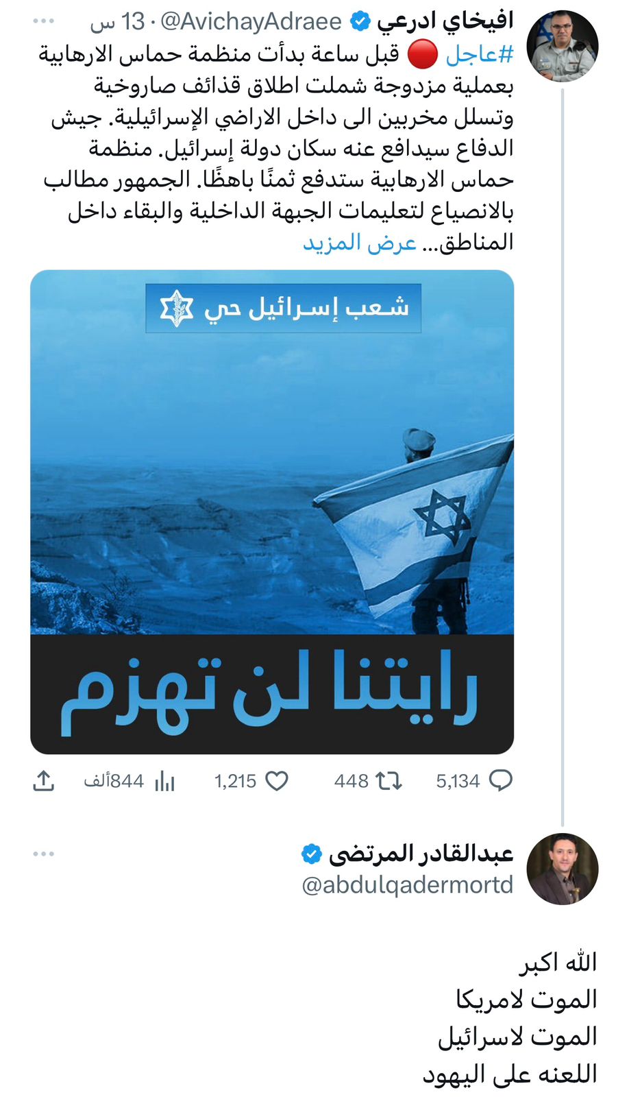 بعد دعوة حماس للحوثيين للإلتحام بالمعركة..قيادات الحوثي ترفع "شعار الصرخة" في صفحات المتحدث باسم الجيش الصهيوني بتويتر