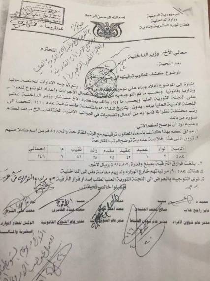 الحوثيون يقومون بترقية 146 من عناصرهم "الهاشميين" في وزارة الداخلية (وثائق)